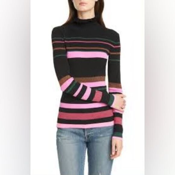 TANYA TAYLOR Hadley Metallic Stripe Ruffle Neck Sweater In Black Multi - Picture 1 of 10